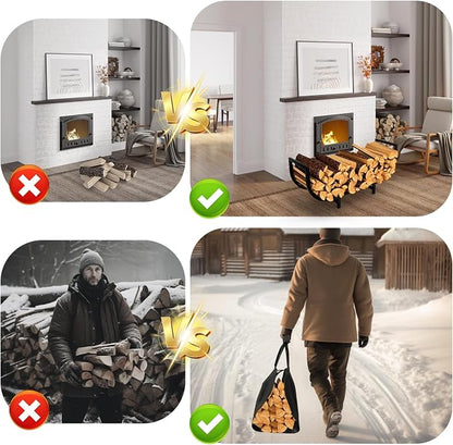 Firewood Rack Indoor with Log Carrier 34Inch Fireplace Wood Holder, Black Outdoor Firewood Storage Organizer Stable Metal Wood Rack Heavy Duty Log Holder for Fireplace Patio Deck, Wooden Carrier Tool