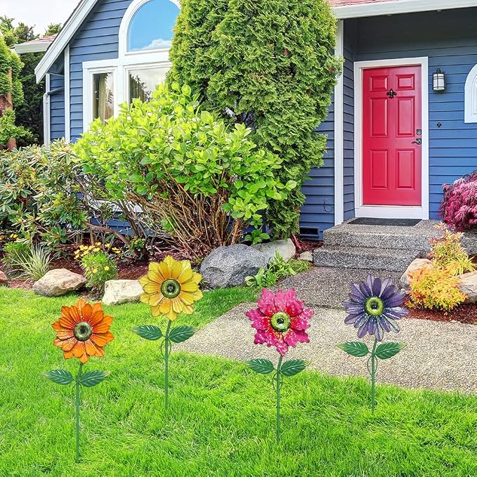 YEAHOME Garden Decor for Outside, 4 Pack 20'' Flower Garden Stakes for Spring Decor, Metal Flowers with Shaking Head Yard Art for Outdoor Lawn Patio Pathway Decorations