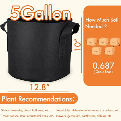 Gardzen 20-Pack 5 Gallon Grow Bags, 300G Thickened Aeration Fabric Pots with Handles, Heavy Duty Plant Bags for Plants for Indoor & Outdoor Use