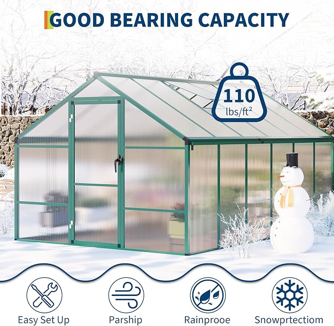 8 X 12 Ft Greenhouse, Greenhouses for Outside, Polycarbonate Greenhouse with Aluminum Frame, Lockable Door and Ajustable Roof Vent for Backyard, Green Houses for Outside Garden Backyard, Patio