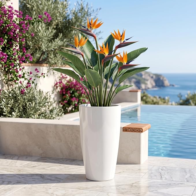 Sun-E Tall Planters for Outdoor Indoor Plants 2 Pack, 21-Inch Large Glossy White Planter, High Gloss Glazed Ceramic-Look Tall Pure White Flower Pots for Bright Entryway Modern Decor