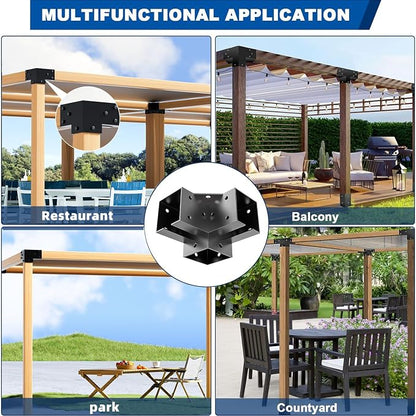 Pergola Bracket Kit 4x4(Inner 3.6"x3.6"), 4pcs 3-Way Right Angle Corner Bracket, Heavy Duty DIY Pergola Kit with Powder Coating, for Gazebos, Patio Pergolas, Log Cabin Outdoor, with Screws