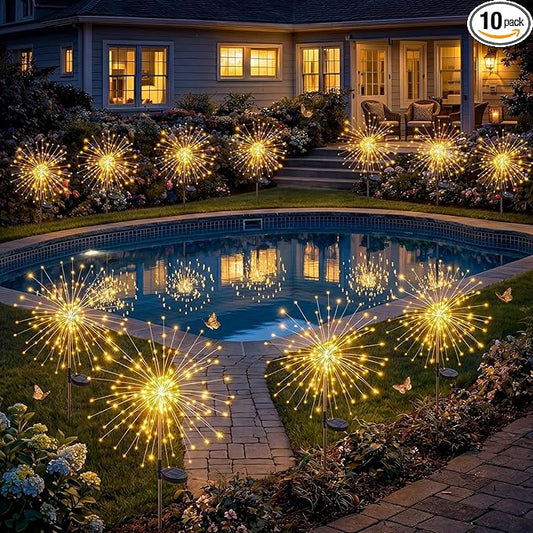 Solar Firework Lights, 10 Pack 120 LEDs 8 Lighting Modes Solar Fairy Garden Lights Outdoor Waterproof for Yard Patio Walkway Pathway Party Wedding Balcony Decorative- Warm White