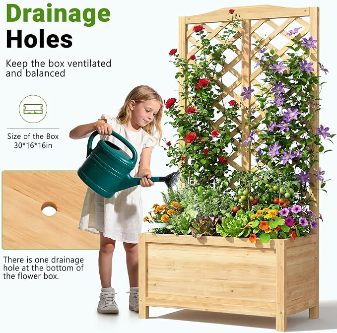 DoCred 2PCS 30" L x 16" W x 59" H Raised Garden Bed, Freestanding Elevated Planter Box with Trellis for Climbing Plants, Outdoor Wooden Privacy Screen with Garden Box for Backyard Patio Balcony Decor