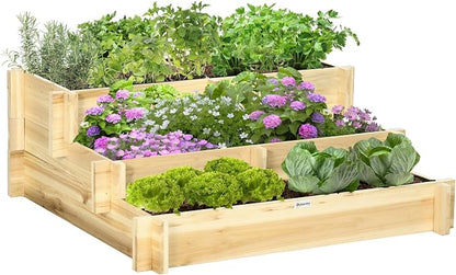 Outsunny 3-Tier Raised Garden Bed with 5 Compartments and Bed Liner, Fir Wood Elevated Planter Box, for Vegetables, Herbs, Outdoor Plants, 37 x 37 x 14in, Natural