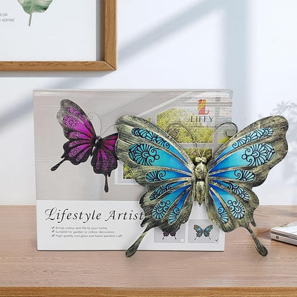 LIFFY Metal Butterfly Outdoor Decor 12"" Hanging Glass Butterflies Wall Decor Garden Art Decorative Ornaments Outside Indoor Home Decor for Living Room Bedroom Patio Fence, Blue