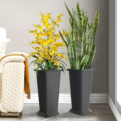 TUYOHW Set of 2 Tall Planters, 24" Large Indoor Outdoor Flower Pots with Tray, Modern Tapered Planters for Porch, Patio, Garden, Backyard