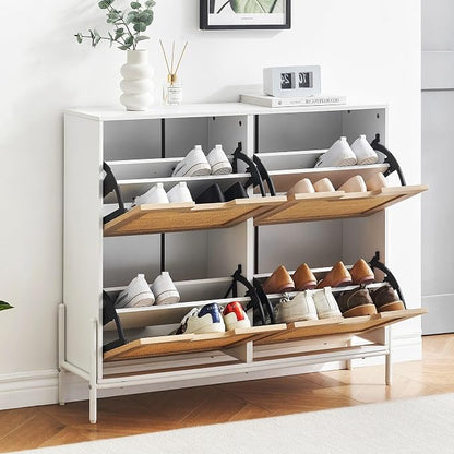 coucheta 4 Flip Drawers Shoe Storage Cabinet, Rattan Shoe Organizer with Metal Legs, Freestanding Narrow Shoe Rack Cabinet for Entryway, White