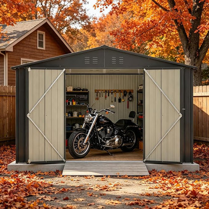 PVWIIK 10x8 FT Large Outdoor Metal Storage Shed, Heavy Duty Waterproof Steel Garden Tool Shed with Lockable Doors, Utility Storage Building for Backyard Patio Lawn Garden, Black