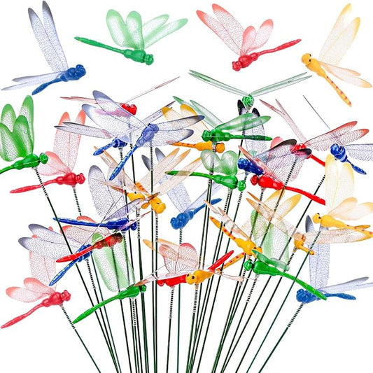 VGOODALL 24 PCS Dragonfly Garden Stakes, Plastic Garden Decorations | 4 Colors Dragonfly Ornaments for Indoor, Outdoor Yard