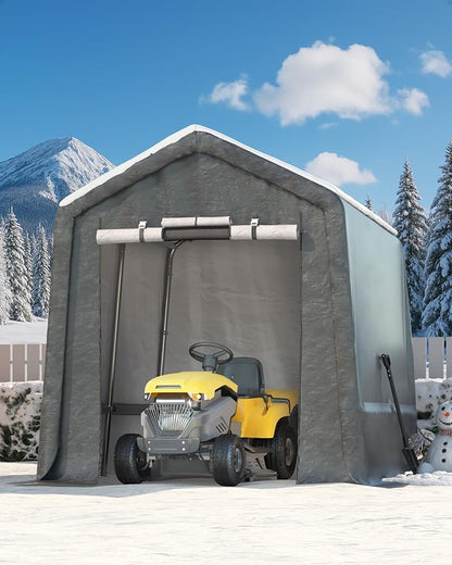 GarveeLife 7x10 ft Outdoor Portable Storage Shed with Roll-Up Door & Vent, 240G Heavy-Duty Shelter Waterproof PE Tarp, UV-Resistant Storage Sheds for Motorcycle, Firewood, Garden and Tools -Gray