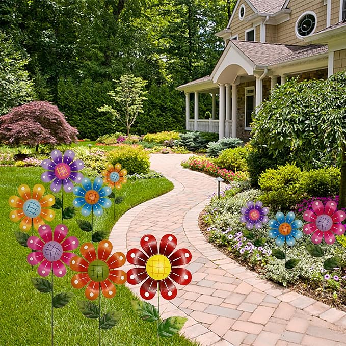 Metal Garden Flower Stakes, 16.5 Inch Decorative Outdoor Stakes with Colorful Flower Heads, 6 Pack Garden Yard Art Decor