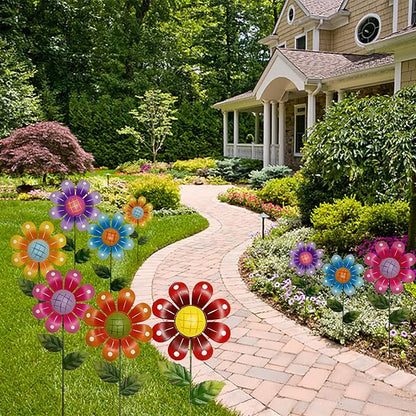 Metal Garden Flower Stakes, 16.5 Inch Decorative Outdoor Stakes with Colorful Flower Heads, 6 Pack Garden Yard Art Decor