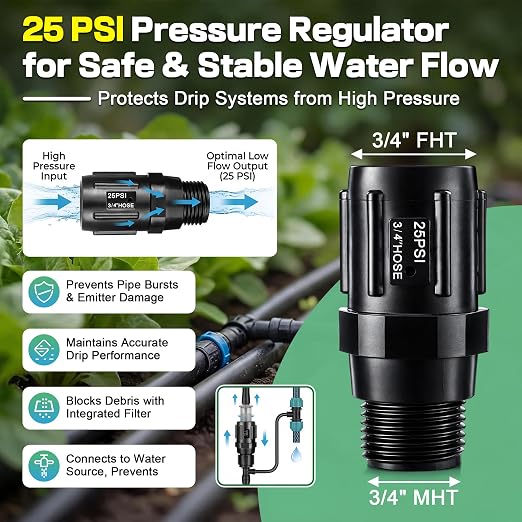 12 Pcs Drip Irrigation Kit, Included 2 Way Y Water Splitter Connector, 4 Pcs 25 PSI Garden Hose Pressure Regulator and 4 Pc 1/4 Inch Irrigation Tubing Hose Adapter for Drip Irrigate System