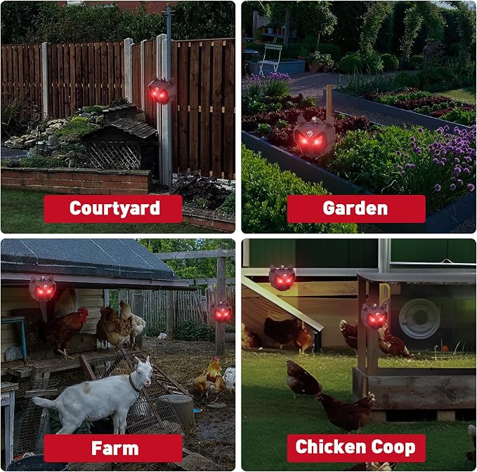 2 Pack Solar Nocturnal Animal Repeller with Red LED Flashing Lights – Effective Coyote, Raccoon, Skunk, Deer & Hawk Deterrent – Waterproof Predator Lights for Yards, Gardens & Chicken Coops