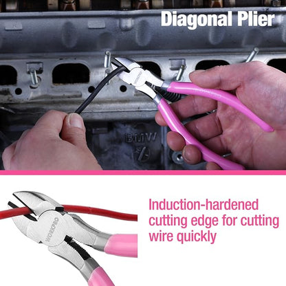 WORKPRO 7-Piece Pliers Set - Pink Ribbon | Groove Joint Plier, Long Nose Plier, Slip Joint Pliers, Linesman Pliers, Diagonal Pliers for DIY & Home Use