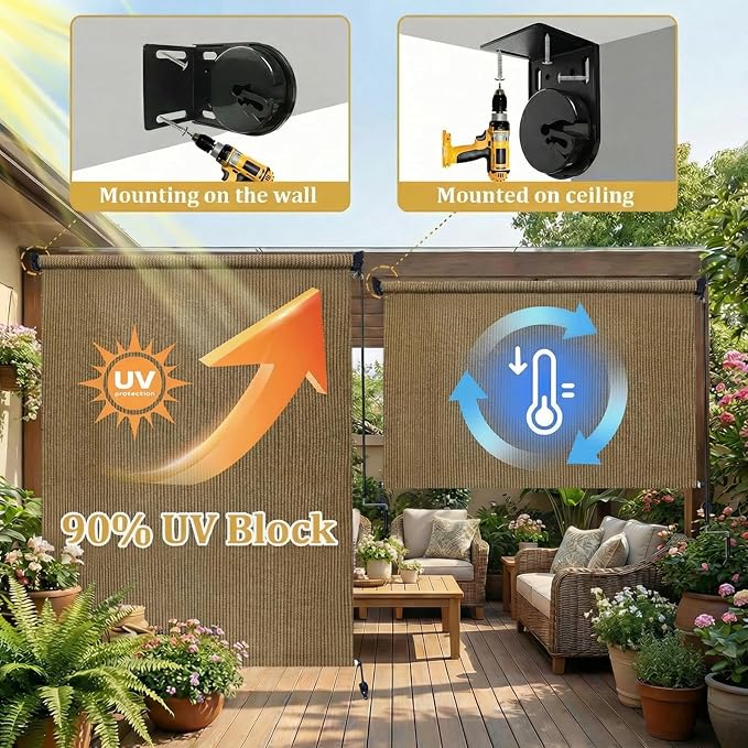 KANAGAWA Outdoor Roller Shade 10'X8' Walnut Exterior Cordless Patio Roll Up Shades for Outside Pergola Porch, Outdoor Blinds for Patio