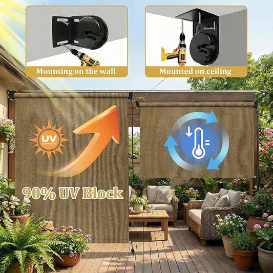 KANAGAWA Custom Size Walnut Outdoor Roller Shade Exterior Patio Cordless Roll Up Shade for Pergola, Deck Porch Gazebo, Backyard