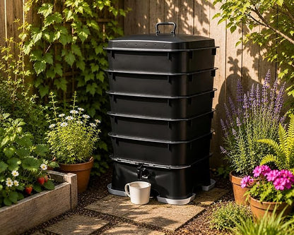 The Original VermiHut® Plus 5-Tray Worm Composter – Indoor & Outdoor Vermicomposting Bin | Sustainable Design for Food Waste Recycling- Black