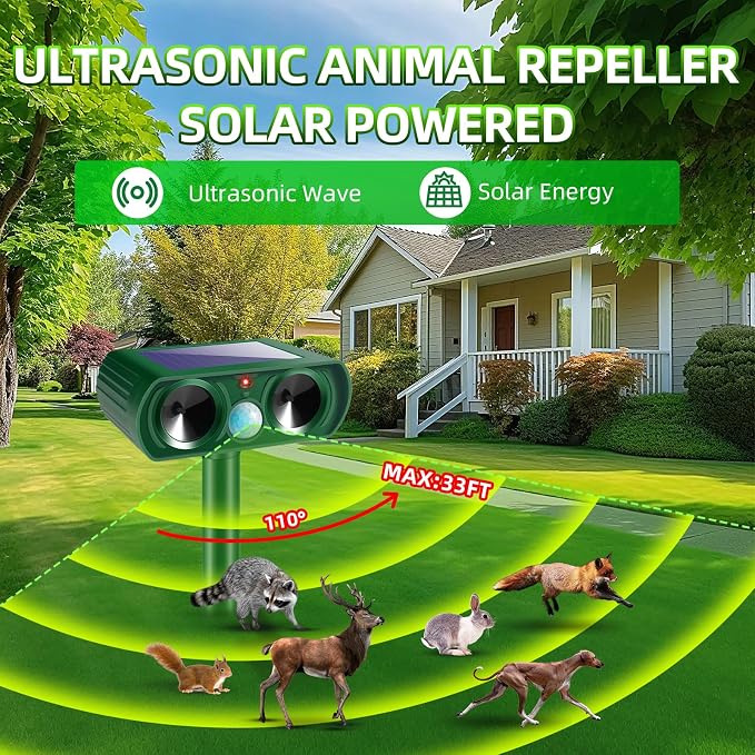 4 Pack Upgraded Sonic Fortress Pro Deer Repellent Devices,Solar Animal Repellent Ultrasonic Outdoor for Cats,Squirrels,Rabbits,Racoons,Skunks for Garden Yard Waterproof Motion Sensor Animal Deterrent