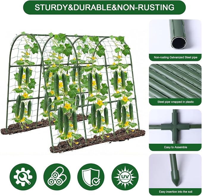 U-Shape Cucumber Trellis for Raised Bed - 47"x47"x22" Metal Garden Trellis with Net & Clips | Rust-Proof Plant Support for Cucumber, Tomato, Peas | Heavy-Duty Outdoor Climbing Plants Trellis
