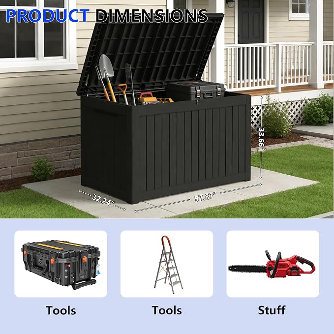270 Gallon Outdoor Storage Box Resin Deck Box All Weather Waterproof Large Lockable Storage Container Deck Box for Patio Furniture, Garden Tools, Lockable, Black New