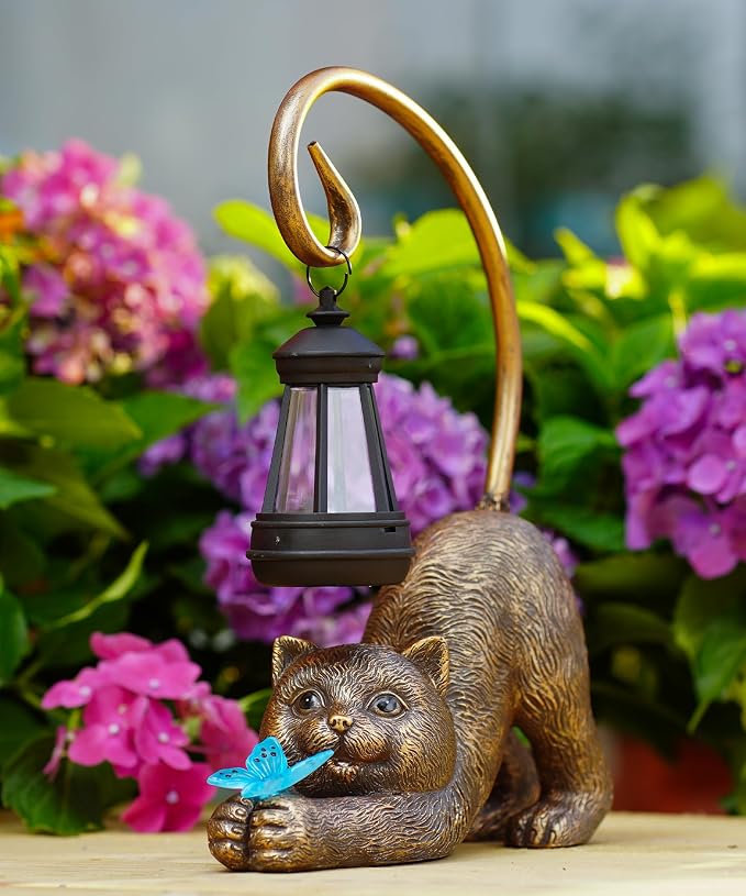 Solar Cat Garden Statue: Outdoor Sculptures with Lantern | Weatherproof Resin Decorations, Art Patio Balcony Yard Lawn Decor, Unique Birthday Gift for Women Mom Grandma