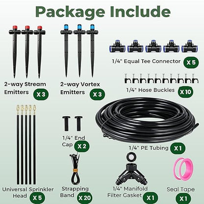 50FT Drip Irrigation System for Starter: Small Garden Quick Connect 1/4" PE Water Tubing Automatic 11Pcs Sprinkler Kit Adjustable Misting Part Watering Hose Outdoor Raised Bed Plants Flower Greenhouse