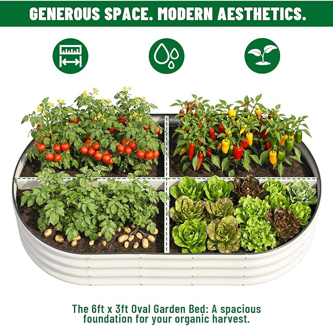 SnugNiture 2 Pcs 6x3x1ft Oval Metal Raised Garden Bed for Vegetables, White | Protective rubber edging strips thickened corrugated galvanized steel