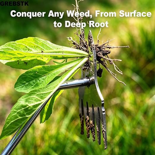 GREBSTK Deep Root Weed Puller, Stainless Steel Heavy Duty 5+2 Tooth | 5-Tooth Surface & 2-Tooth Root Claws, Rustproof Steel, Non-Slip Grip, for Dandelion, Thistle, Crabgrass in Lawns & Beds
