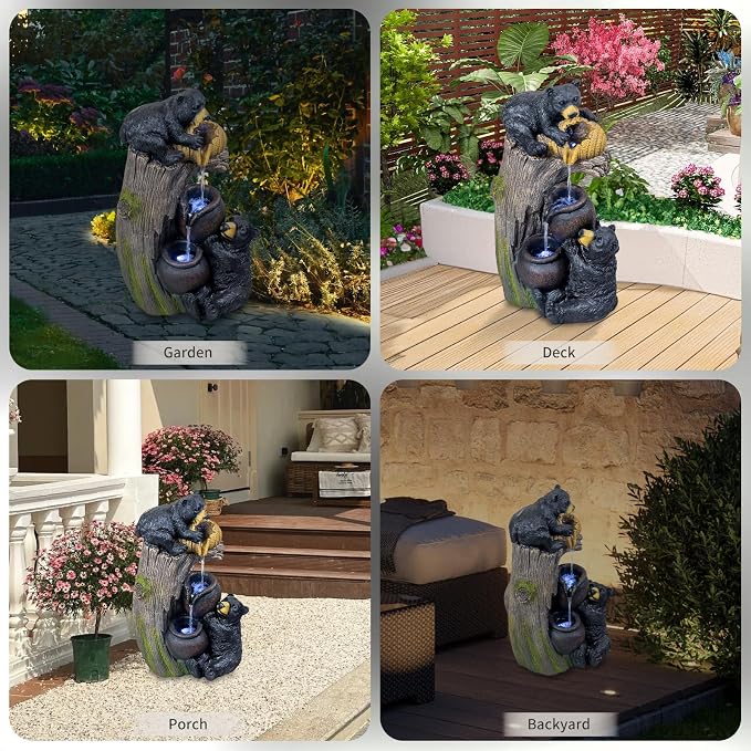 23.6'' Bear Outdoor Water Fountain with LED Lights, Cascading Resin Garden Waterfall Fountain with Pump, Cute Animal Water Feature for Patio Yard Backyard Balcony Decor