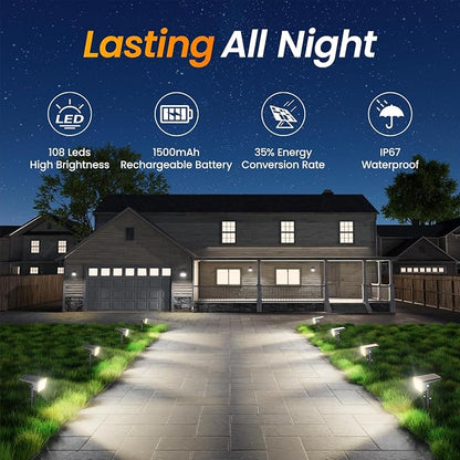 Fabrito Upgraded Solar Spot Lights Outdoor IP67 Waterproof 8 Pack, [108 LEDs, 4 Modes, 800LM] Dusk to Dawn Spotlights for All Night, 2-in-1 Solar Landscape Lights for Garden, Yard, Tree, Warm White