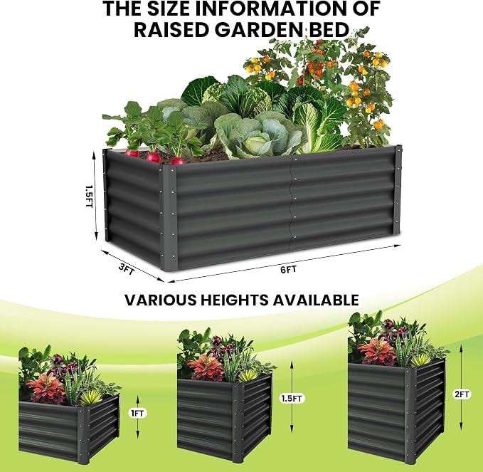 GarveeHome 6 * 3 * 1.5FT Raised Garden Bed Kit, Galvanized Raised Garden Beds Outdoor for Gardening, Above Planter Boxes, Large Garden Bed for Vegetables, Fruits, Dark Grey, 2 Pcs