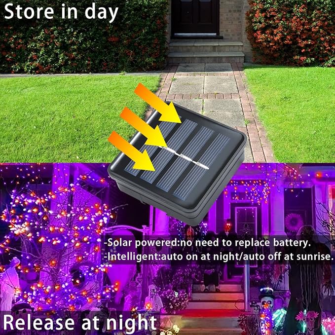 Halloween Decorations Outdoor Lights, Solar String Lights Purple Orange IP67 Waterproof 2 Pack Total 200 LED 66FT 8 Modes Fairy Lights, Outside Fall Decor for Tree, Garden, Patio, Fence, Lawn