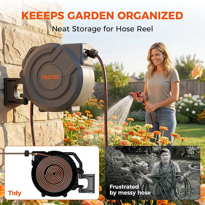 Upgraded Retractable Garden Hose Reel 5/8 inch x 100 ft Wall-Mounted 9 Pattern Nozzle Any Length Lock Automatic Slow Return 180° Swivel UV Resistant Heavy Duty Hose Reels for Outside