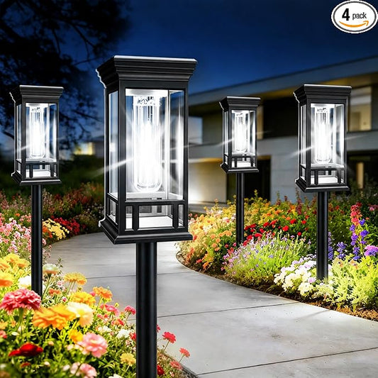 4 Pack Solar Pathway Lights Outdoor, Taller Bright Solar Path Lights Waterproof, Auto On/Off Solar Powered Garden Lights for Outside Landscape Path Yard Walkway Lawn Driveway Patio Lighting Decor