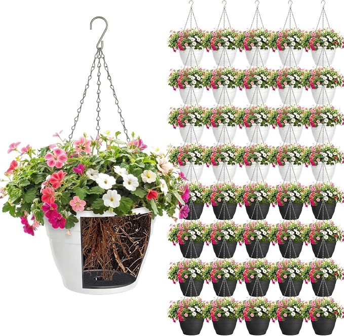 40 Pcs 10 Inch Plastic Hanging Planter Bulk Self Watering Hanging Baskets for Plants with Holes and Chain Plant Pot Outdoor Indoor Planter for Garden, Balcony, Porch, Patio Decor