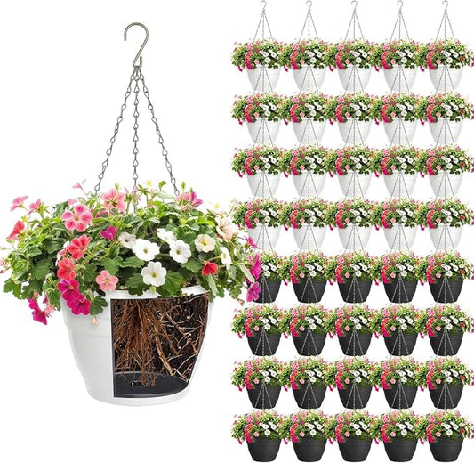40 Pcs 10 Inch Plastic Hanging Planter Bulk Self Watering Hanging Baskets for Plants with Holes and Chain Plant Pot Outdoor Indoor Planter for Garden, Balcony, Porch, Patio Decor