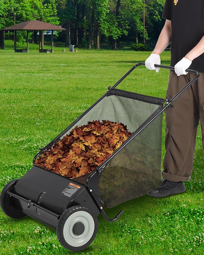 GarveeLife 26 Inch Push Lawn Sweeper with 4 Spinning Brushes, 7 Cu.ft Large Capacity Leaf Collector, Adjustable Height Grass Sweeper, All Terrain Lawn Leaf Debris Removal Tool for Yard Garden Patio