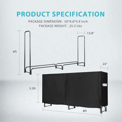VIVOHOME 8ft Heavy Duty Indoor Outdoor Firewood Storage Log Rack with Cover Combo Set Black