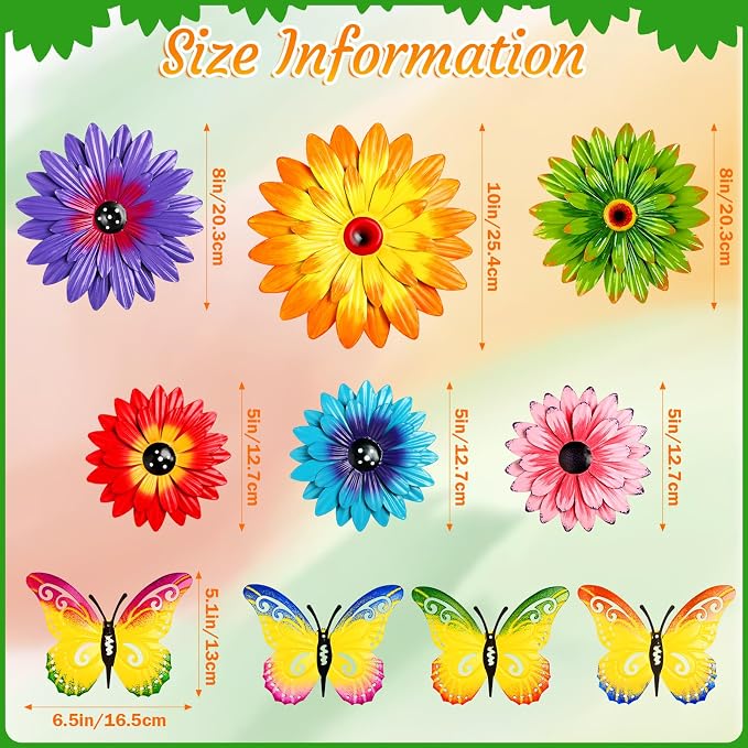 Gisafai 10 Pack Metal Flower Wall Decor Outdoor, 3D Daisy and Butterfly Metal Garden Wall Art, Colorful Fence Decorations for Patio Backyard Balcony Porch, Summer Housewarming Gift(Fashion)