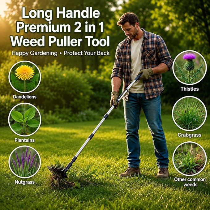 Premium 59" Long Handle 2-in-1 Weeding Tools for Garden, Patio & Path - Wheel Hoe & Rake, 11-Tine Stand Up Weed Puller, Heavy Duty Hand Weeder & Cultivator for Grass, Grandpas Fathers Dad Gift