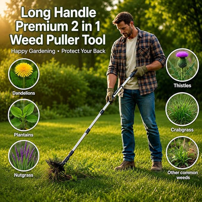Premium 59" Long Handle 2-in-1 Weeding Tools for Garden, Patio & Path - Wheel Hoe & Rake, 11-Tine Stand Up Weed Puller, Heavy Duty Hand Weeder & Cultivator for Grass, Grandpas Fathers Dad Gift