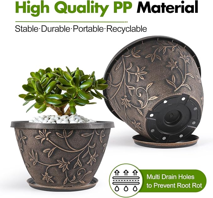 Nooulap 10 Inch Flower Pots Outdoor, Plastic Planters 4 Pack | Drainage & Trays, Indoor Outdoor, Medium Plants Pot, Home Balcony Garden Decor, Brown Vintage Flower Pattern
