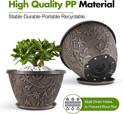 Nooulap 8 Inch Plant Pot with Drainage Hole, 4 Pack Plastic Flower Pot for Indoor Outdoor Plants, Decorative Small Planter for Desk, Balcony & Garden (Retro Brown)