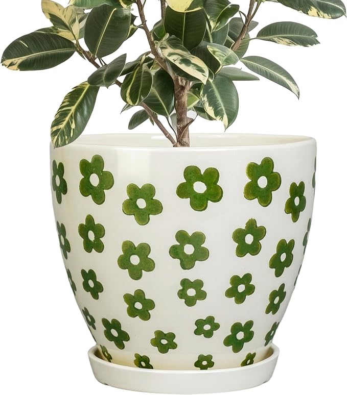 MPotTo Ceramic Flower Pot, 10 Inch, White | Drainage Hole and Saucer, Boho Round Design, Indoor Use, Plant Lover Gift