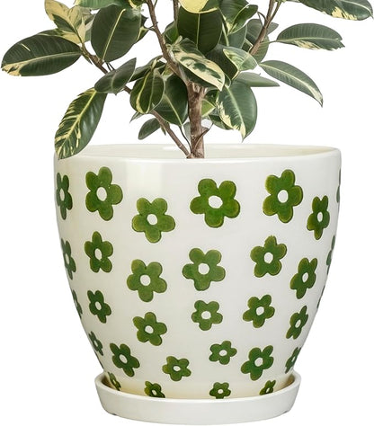 MPotTo Ceramic Flower Pot, 10 Inch, White | Drainage Hole and Saucer, Boho Round Design, Indoor Use, Plant Lover Gift