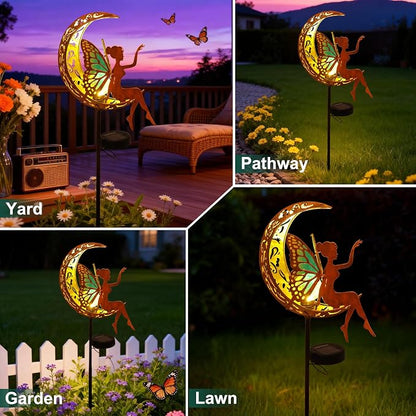 Solar Fairy Garden Light Outdoor Yard Decor Gifts for Women Mom Grandma | Solar Auto On/Off, IP65 Waterproof Rustproof, Easy Stake Install, Durable Metal Build, Cracked Glass Moonlight Glow