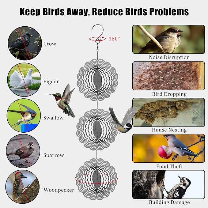 Stainless Steel Bird Deterrents for Outside Patio, Reflective Bird Scare Devices 3D Wind Spinners Outdoor Decor, Woodpecker Deterrent Bird Reflectors to Keep Pigeon Crow Away House Yard Window Porch