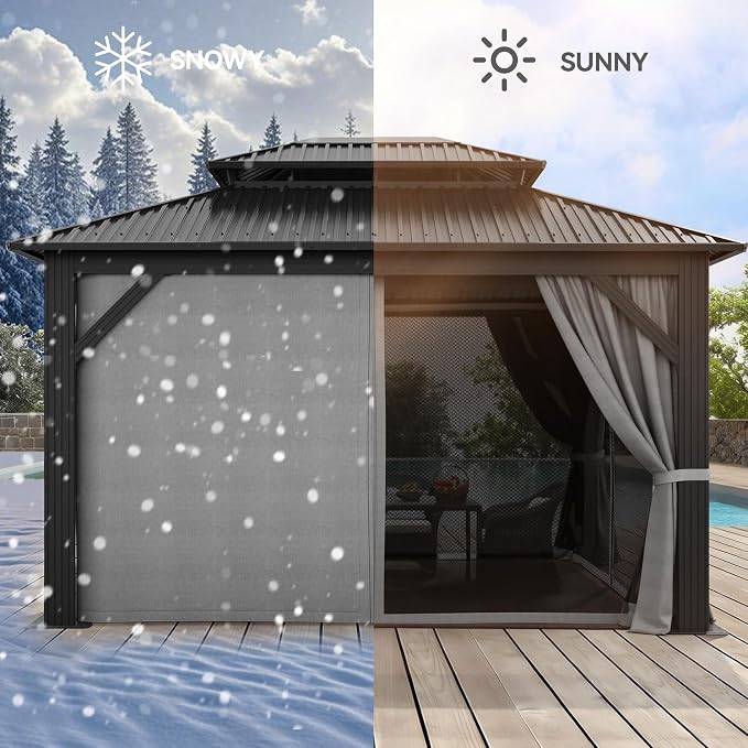 YITAHOME 12x14ft Hardtop Gazebo with Nettings and Curtains Heavy Duty | Double Roof Galvanized Steel Outdoor Combined of Vertical Stripes Roof for Patio, Backyard, Deck, Lawns, Gray
